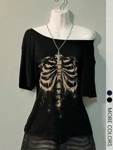 Women's Skeleton Print Asymmetric Off-the-Shoulder Short-Sleeved Fitted T-Shirt, a Versatile and Casual Basic Top Suitable for All Four Seasons, Ideal for Daily Women's Outfits