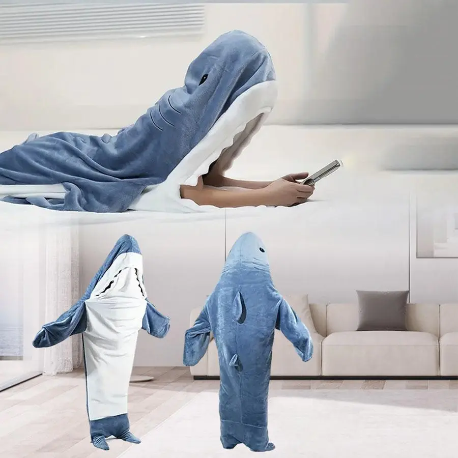 Cartoon Shark Sleep Bag Animal Onesie Flannel Shark Home Wear Loungewear Blue, Comfortable Loose Oversized All-In-One Pajamas for Kids & Adults, Nightwear, Homewear