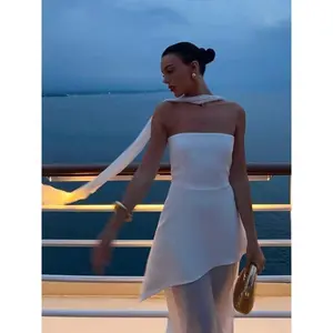 Elegant simple strapless wedding dresses for women, side-slit mesh patchwork prom dresses (2025), solid color scarf party chic bridal gowns, formal black womenswear, workwear basics, minimalist sleeveless brown