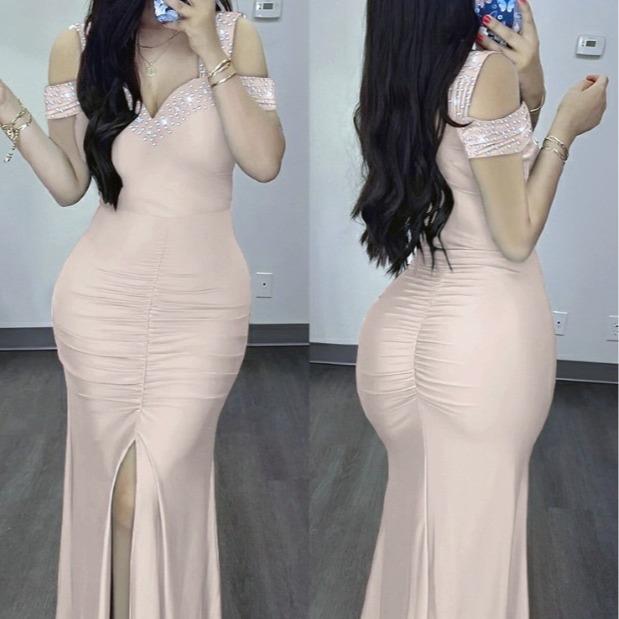 Women's elegant hot diamond off-shoulder slim high waist hip-wrapped slit dress  valentine's day outfit