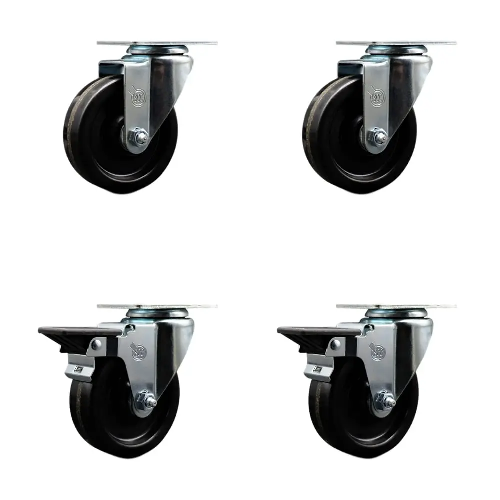 Service Caster SCC-20S414-PHR-2-PLB-2 Commercial Phenolic Swivel Top Plate Caster Set (4-Pack) - 4 in. Black Roller Bearing Wheels, 2 Posi Locking Brakes, 1200 lbs Capacity, Impact-Resistant for Carts, Industrial Settings