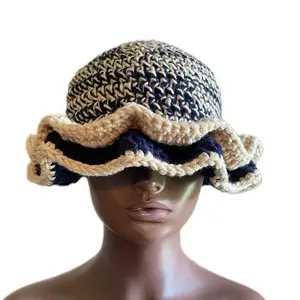 Crochet Double Layer Hat Navy and Cream Color Handmade Fashion Accessory