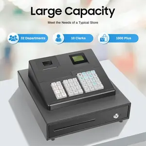 Thermal Cash Register Black 39 Keys 58mm Paper 60mm/s Print USB RS232 Built-in Printer 10 Clerks 32 Departments For Catering Supermarket Clothing Store Cashier Cashiering Transaction