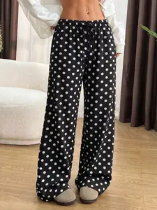 Women's Black & White Polka Dot Satin Pants, Drawstring High Waist Wide Leg Trousers, Casual Loose Fit Straight Leg Pants with Pockets for Daily Wear & Vacation