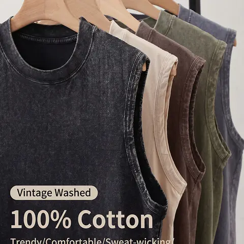 Men's Heavyweight Loose-Fitting Fashion Tank Top - Vintage Washed Cotton, Casual Sleeveless Crew Neck, Distressed Design with Distressed Feel, Soft Sturdy Fabric, Heavyweight Drape, Breathable, Machine Washable