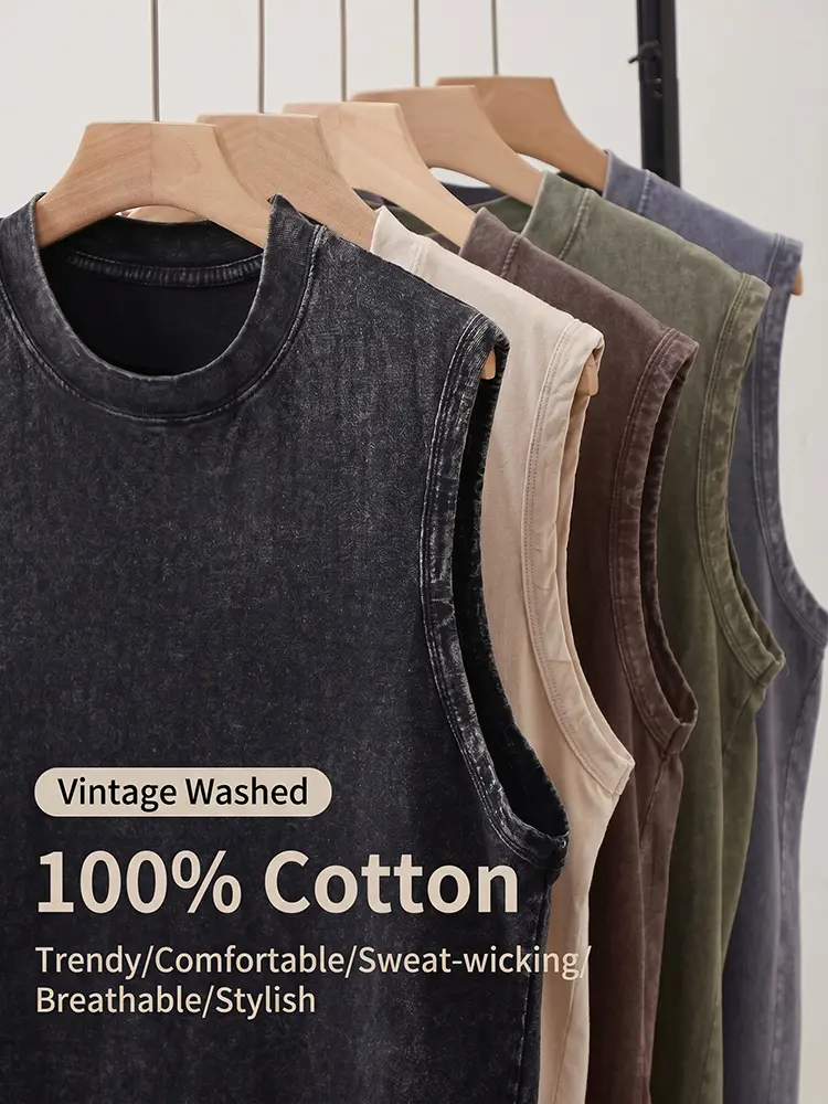 Men's Heavyweight Tank Top in Vintage Washed Cotton, Casual Sleeveless Crew Neck with a Distressed, Loose Fit