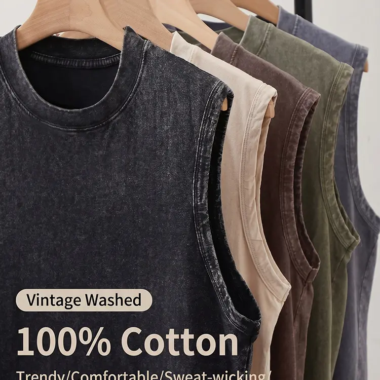 Men's Heavyweight Loose-Fitting Fashion Tank Top - Vintage Washed Cotton, Casual Sleeveless Crew Neck, Distressed Design with Distressed Feel, Soft Sturdy Fabric, Heavyweight Drape, Breathable, Machine Washable