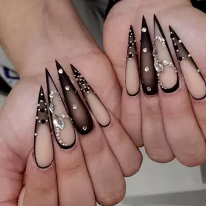 Long Almond Shape Nails Fake Nail Kit, 24pcs/set Rhinestone Decor Fake Nail with 1 Count Nail File & 1 Count Sticker Sheet, Reusable Press on Nails for Women & Girls