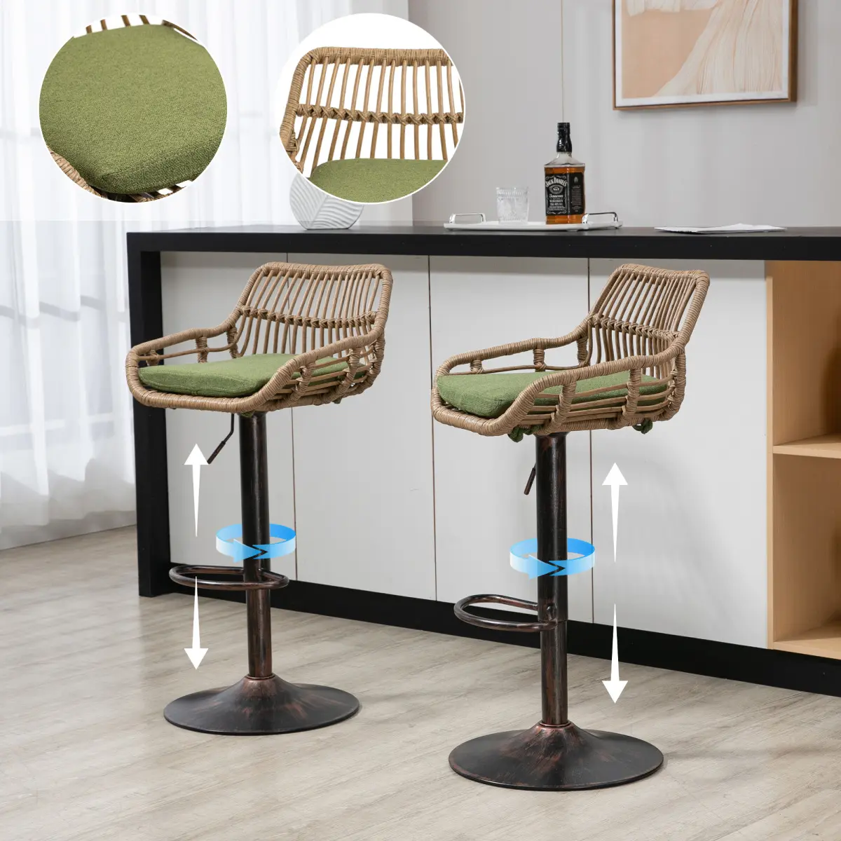 Vintage Retro Look Iron Swivel Bar Stools (Set of 2) - Adjustable Height, 19.23*18.90*35.04-42.9 in, 250 lb Capacity, Footrest, Easy Setup Assembly, Detailed Instructions, for Home Bar/Coffee Shop Indoor Use (Green)