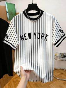 Men's Summer Striped Baseball T-Shirt, American Vintage Street Style Round Neck Short Sleeve, Casual Daily Wear Sportswear, Athletic Sports Clothing