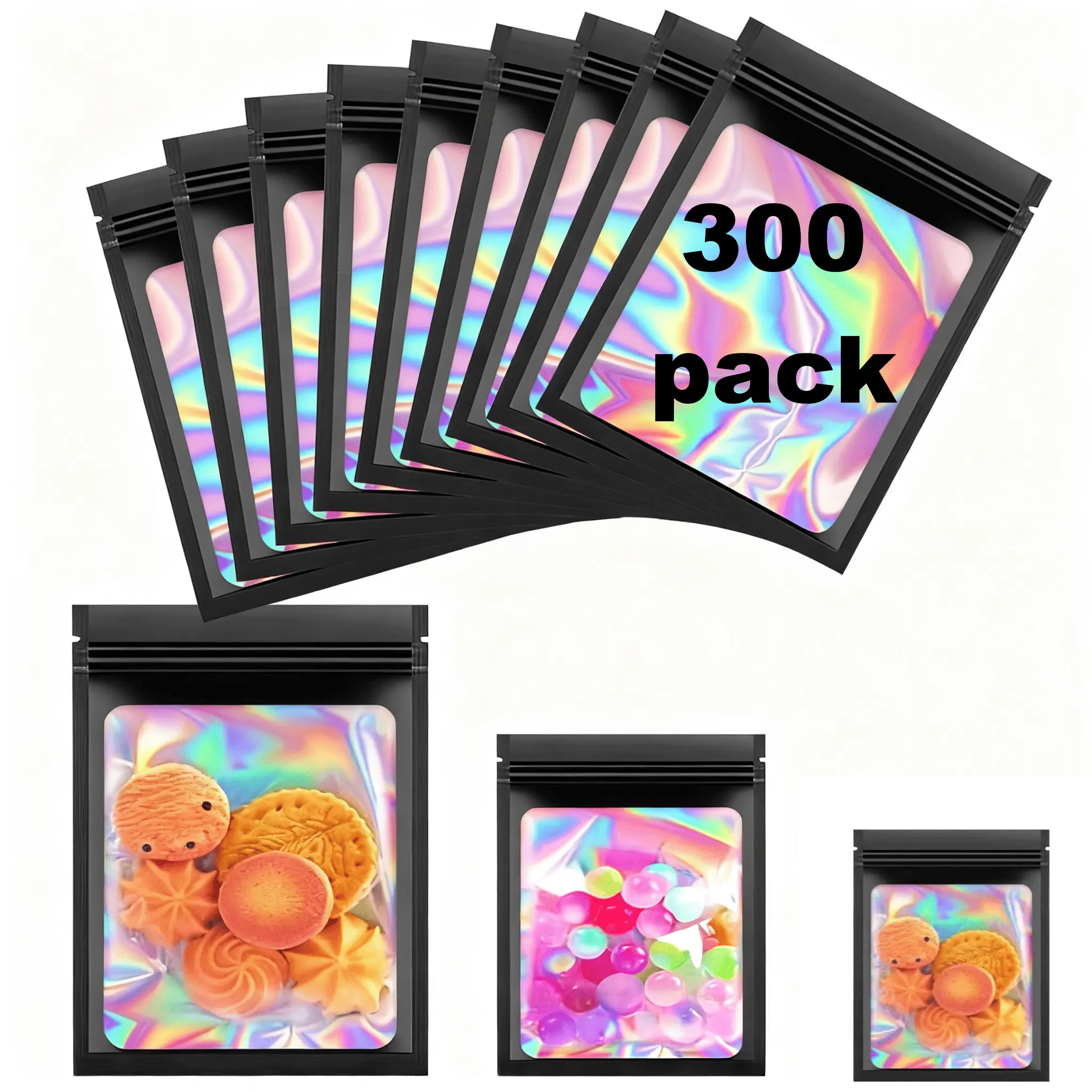 300-Piece Holographic Mylar Sealing Storage Bags (3x4.7 in, 4x6 in Multi-Size Options) - Odor-Proof, Moisture-Resistant Window Organiser Bags for Edibles Pack, Birthday Gifting & Daily Home Use