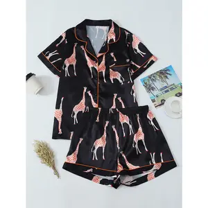 Fun Giraffe All Over Print Women's Pajamas Set, Short Sleeve + Shorts, Orange Piped Lapel Cardigan, Button Closure with Pocket, Soft Smooth Skin-Friendly, Loose Casual Wearable Outside 2 Piece Set for Various Occasions