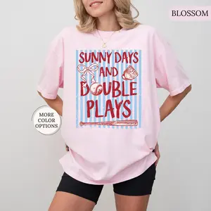 Comfort Colors® Sunny Days And Double Plays Baseball Shirt Striped Baseball Tee Baseball Bow Shirt Girly Baseball Tee Baseball Lover Gift