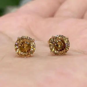 Round Cut Champagne Moissanite Earrings, 1.5 + 1.5 Ct Portuguese Cut