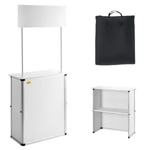 VEVOR Promotion Counter Table, Portable Tradeshow Podium Table, 30.91x 14.96x 71.46, Display Exhibition Counter Stand Booth Fair with Wall, Pop Up Podium with Storage Rack/Carrying Bag
