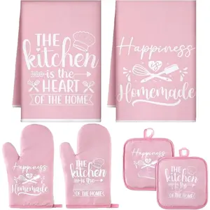 6 Pcs Kitchen Decor Accessories Set Farmhouse Kitchen Towels Pot Holders Oven Mitts Set 2 Dish Towels 2 Potholders 2 Cooking Mittens Oven Glove for Baking Cooking Supply(Pink,Kitchen)