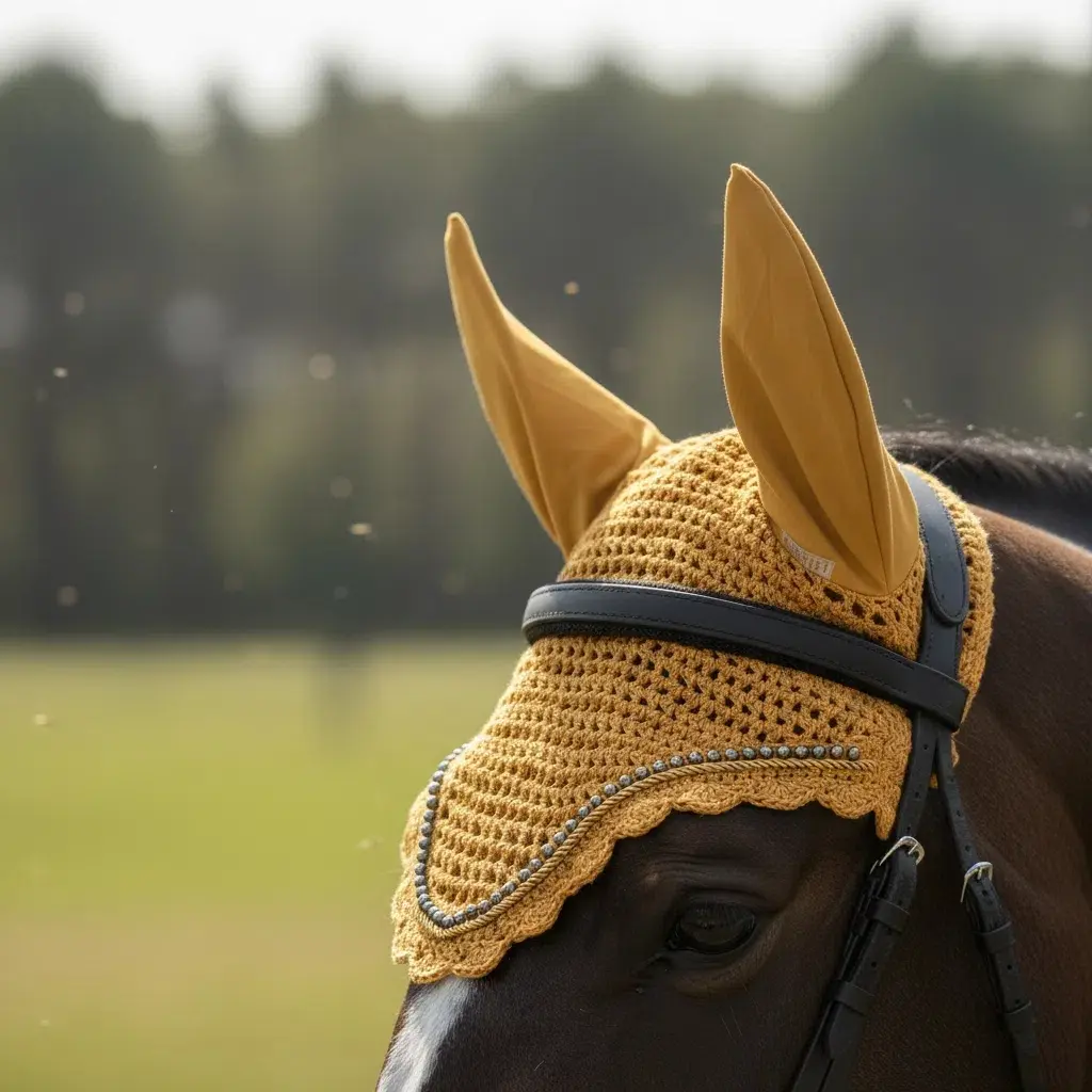 Innovative and breathable soft horse ear bonnet, horse fly bonnet, elegant " string pearl"  combination, Embroidered on the fabric of the ear area, Size: Full and Pony.