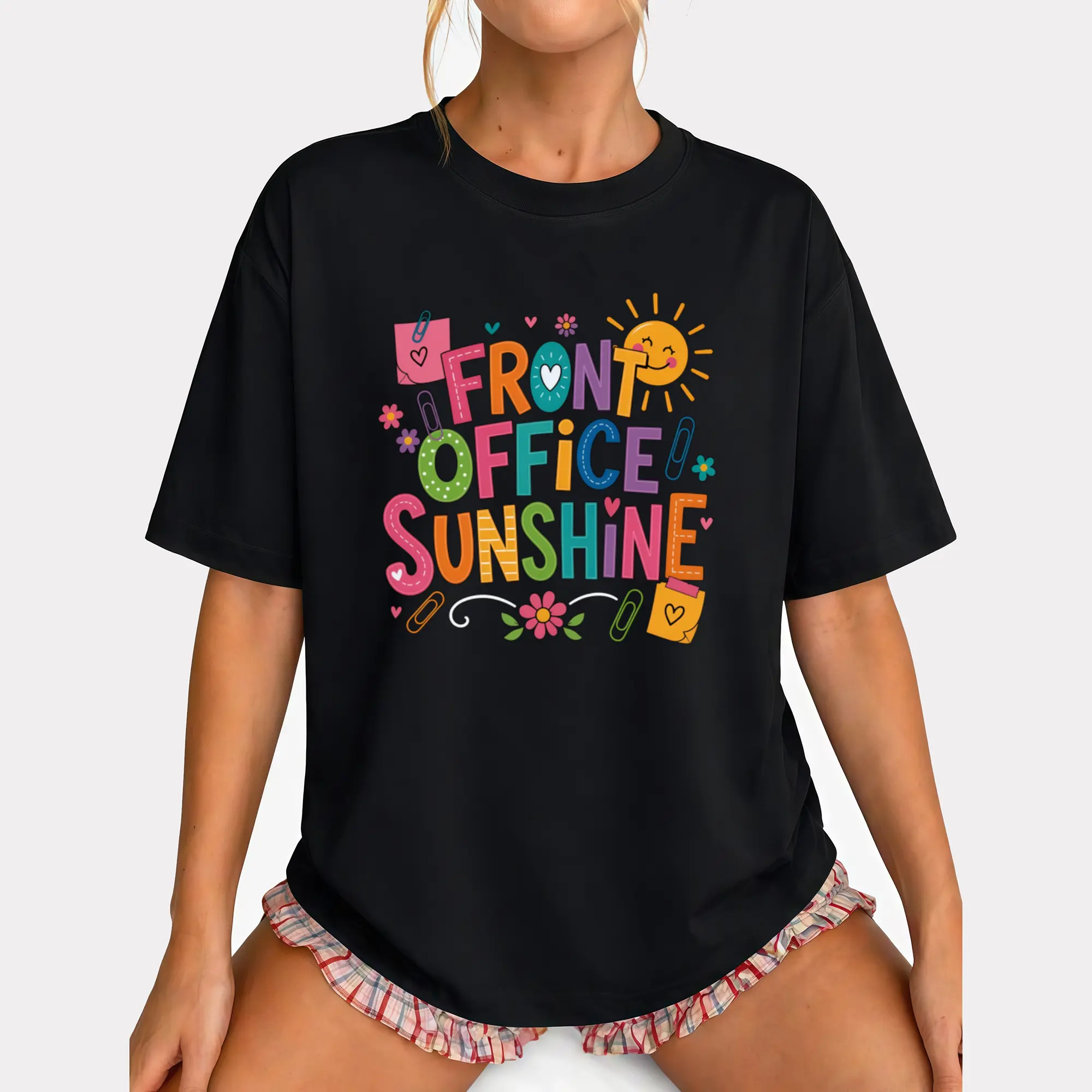Men's & Women's Front Office Sunshine Staff T-Shirt Short Sleeve Crew Neck Casual Top Suitable for Teachers Secretaries Staff Gifts Back to School Apparel Office Uniform 100%Cotton
