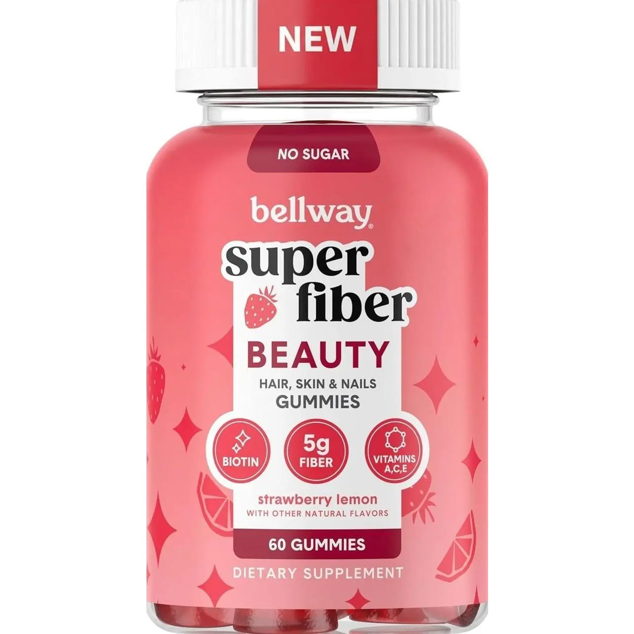 Bellway Super Fiber Gummies + Beauty – Sugar Free Fiber Supplement with Biotin & Vitamins A C E – Supports Digestive Health, Skin, Hair & Nails - 60 Count