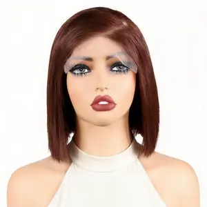 Reddish Brown #33 Glueless Straight Short Bob Wig With Drawstring Pre-cut 5x5 HD Lace Human Hair Wigs With with Left C Part Pre plucked Pre Bleached Knots 180% Side Part Wig Beginner Friendly Natural Hairline