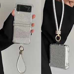 Fashion Glitter Phone Case with Lanyard, Clear Phone Protective Cover, Phone Accessories Compatible with Samsung Galaxy Z Flip 3 4 5 6, Shockproof