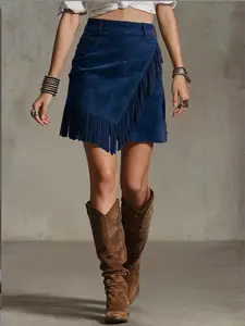 Women's Western Style Fringe Suede Velvet Fitted Skirt Dress, Summer Fashion New Arrival, Vintage Bohemian Look, Half-Sleeve Design