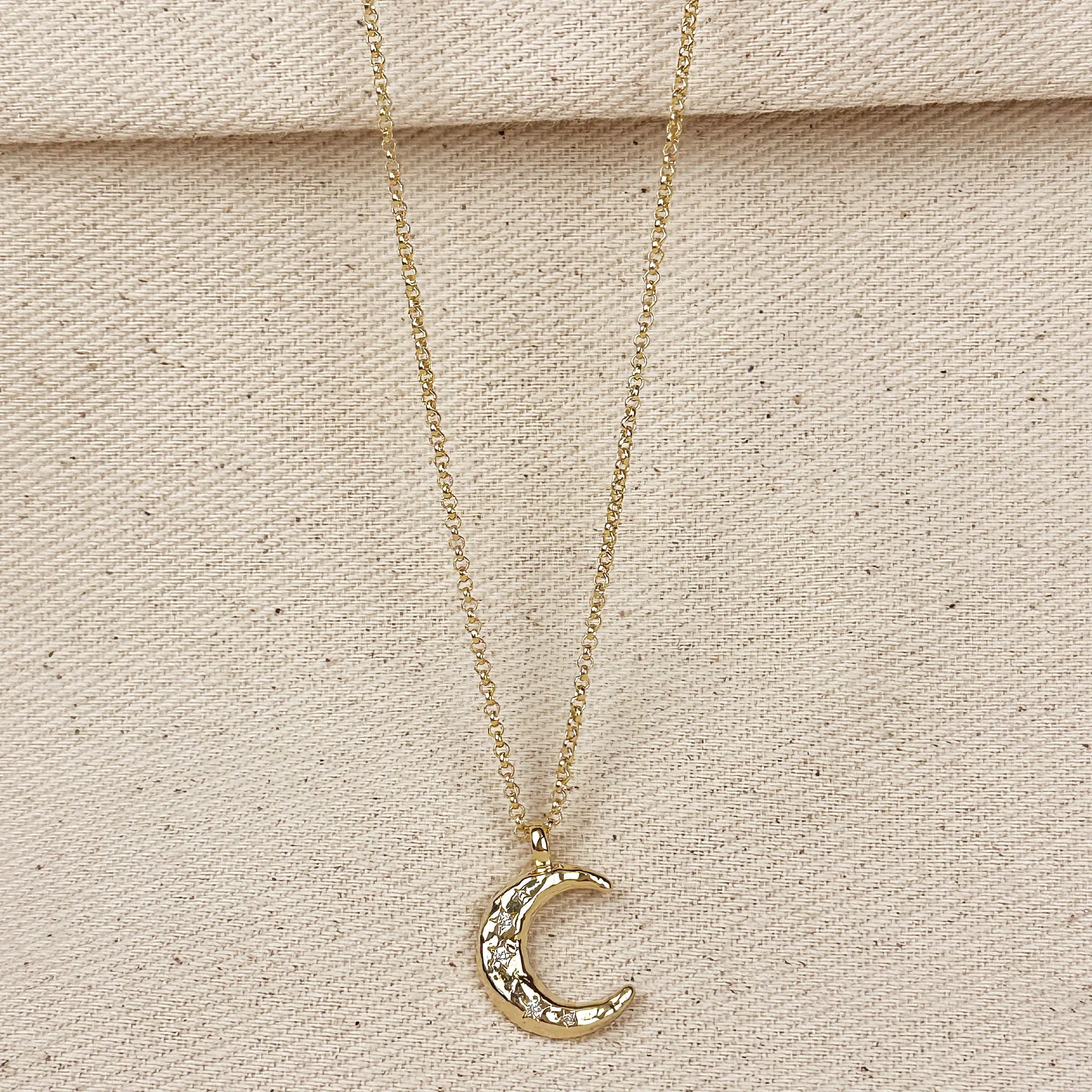18k Gold Filled Hammered Crescent Moon CZ Necklace