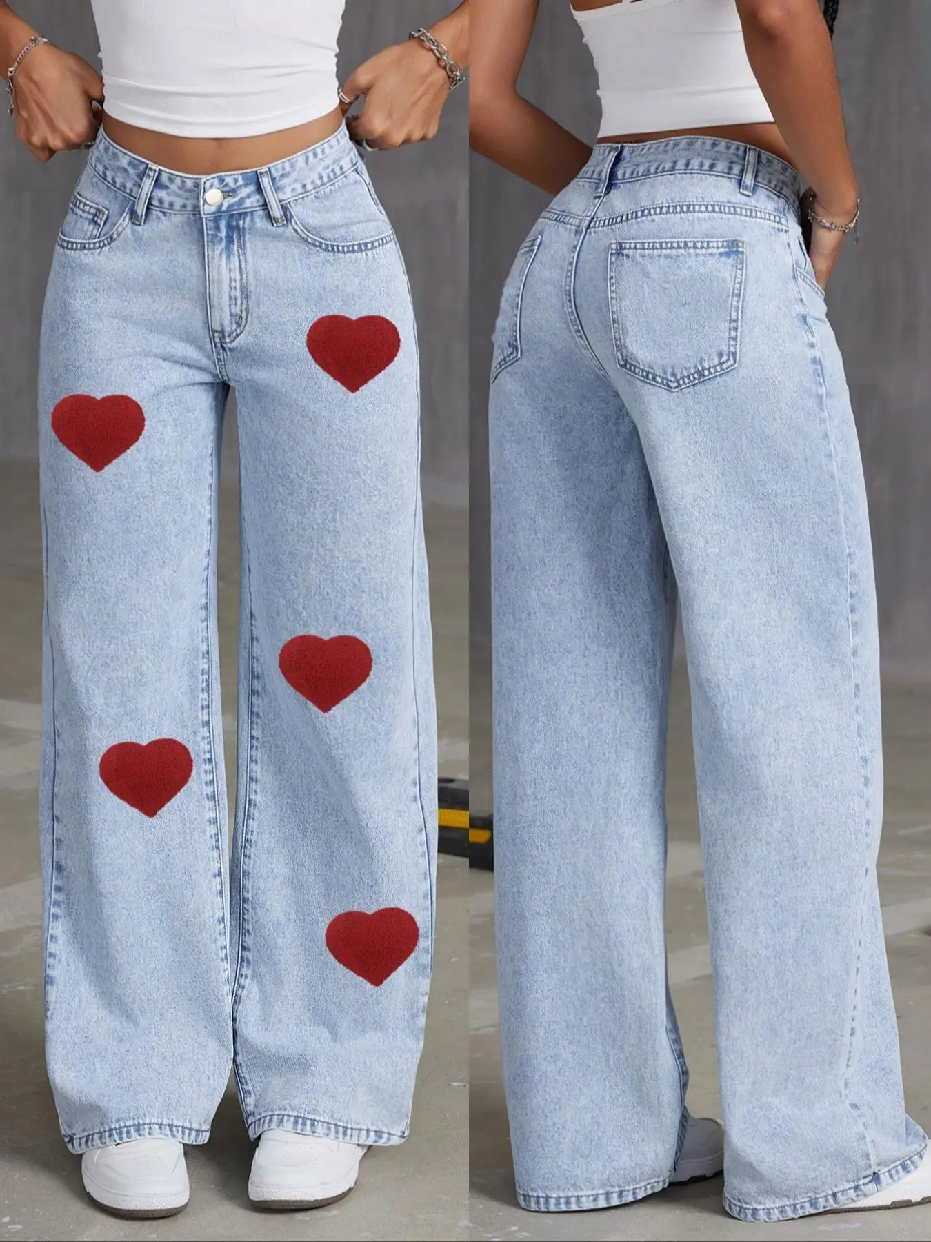 Women's Embroidered Heart Pocket Button Denim Jeans, High Waisted Denim, Casual Fashion Comfort Pants, Perfect for Daily Wear, All Seasons Essential, High Waist, Embroidery, Pockets Jeans, Loose Embroidered Jeans