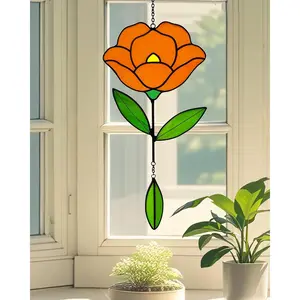 Flower Suncatchers, Stained Glass Window Hangings, Garden Suncatchers for Window and Wall Decor (B-Orange)