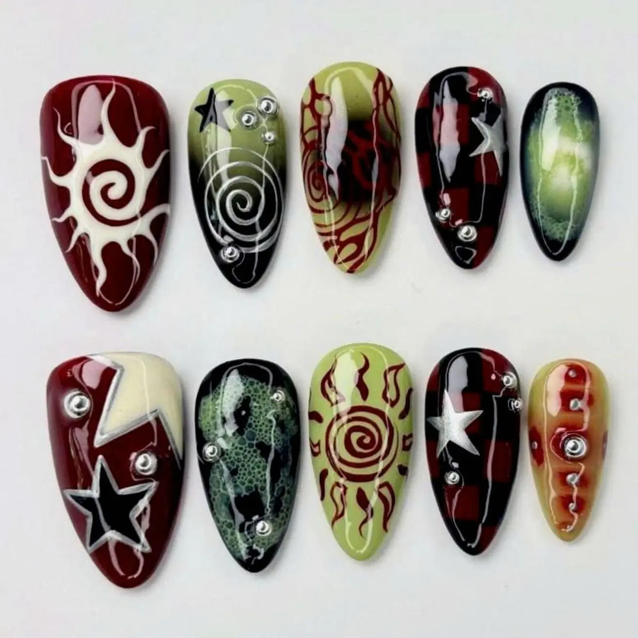 Punk Rock Sun Eclipse Flame Press On Nails Y2K Gothic Checkered Star Almond False Nails Handcrafted Gel Nail Art Set for Women