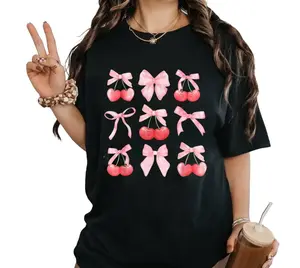 Girls' Casual Coquette Tee with Pink Bow and Red Cherry Print
