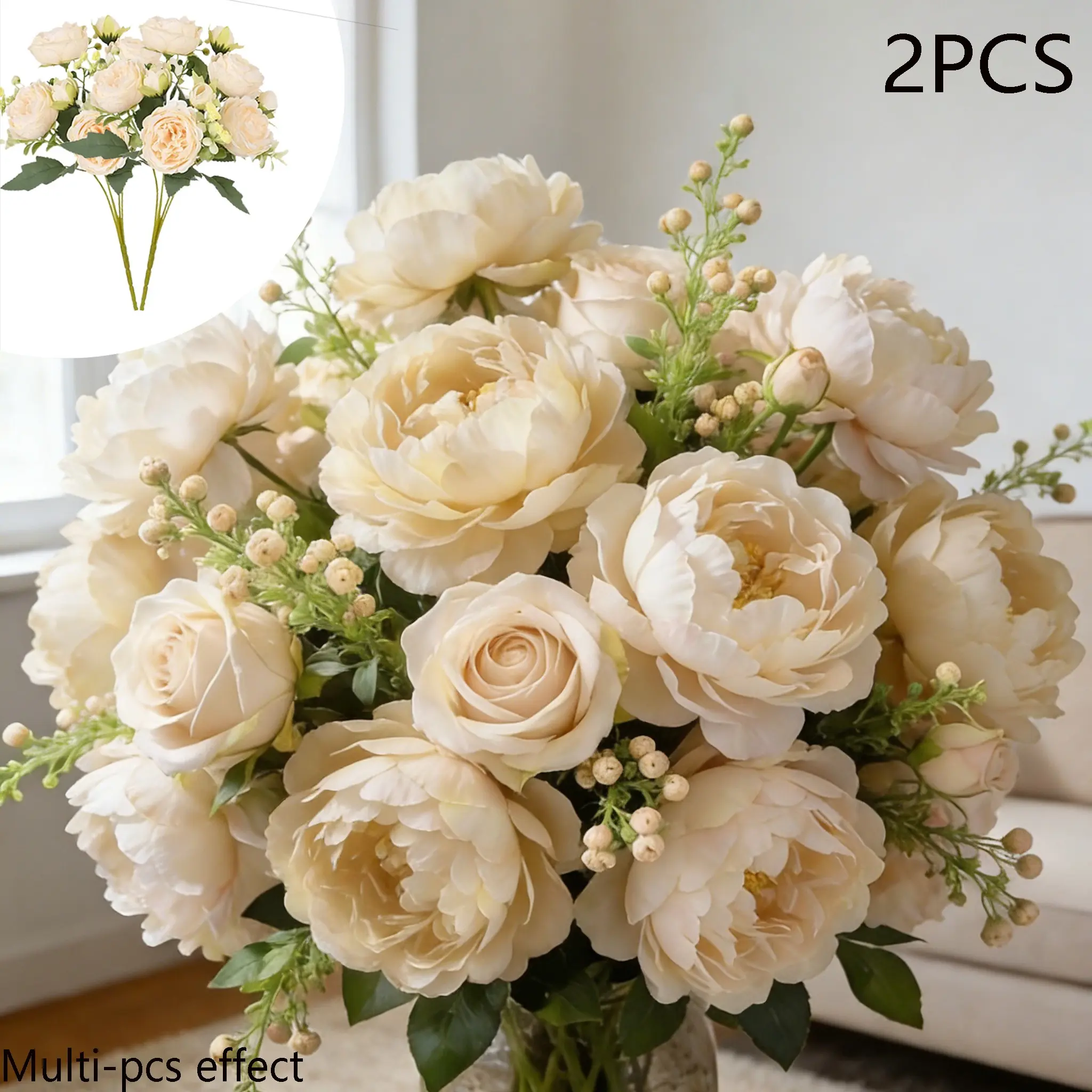 2pcs Champagne-Colored Artificial Peony Bouquet, Decorative Artificial Flowers | Lifelike Blooms, Fade-Resistant, Maintenance-Free | Ideal for Indoor/Outdoor Home Decor, Party Events, Wedding Arrangements