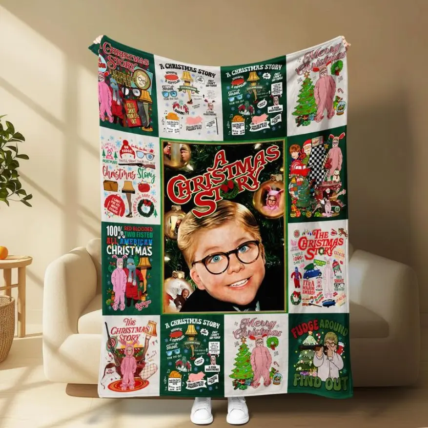 A Christmas Story Fleece Blanket - 60*50 Inch, Ralphie & Iconic Movie Scenes, Retro Festive Patchwork, Cozy Soft Flannel, Lightweight Warm, Wrinkle Resistant, Breathable, Durable, Ideal for Bedroom/Sofa, Nostalgic Holiday/Birthday Gift for Fans