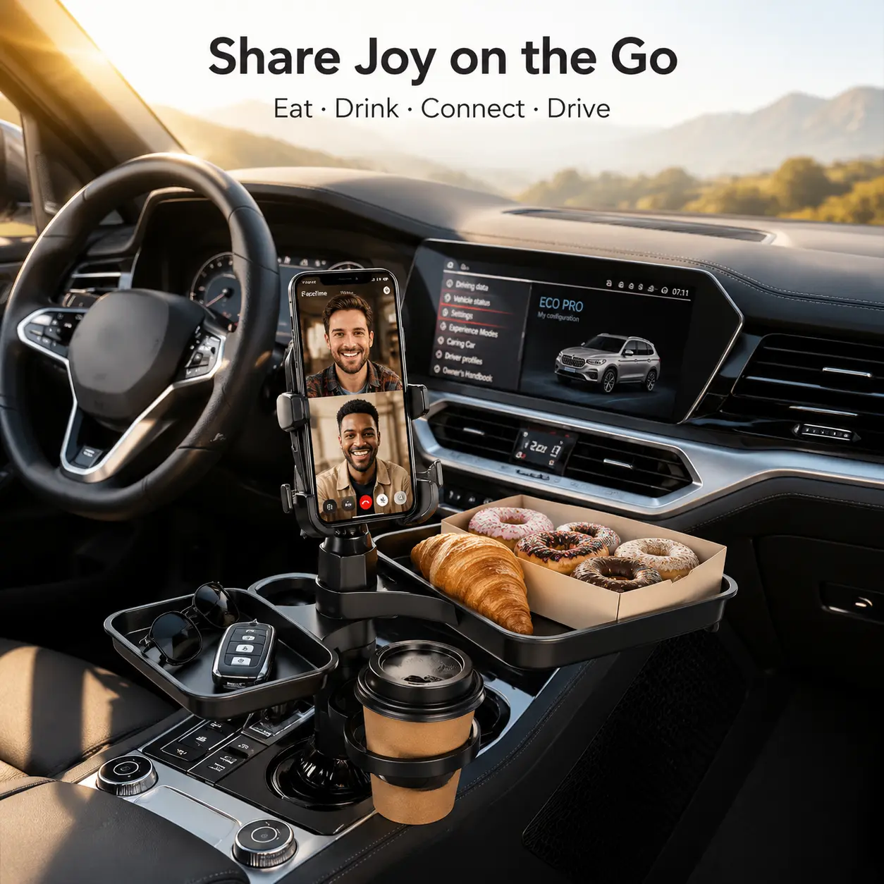 Car Cup Holder Tray Table with Phone Holder, 360° Rotating Backseat Snack Tray Organizer, Multi-Function Food & Drink Holder Stand for Kids, Passengers & Road Trips