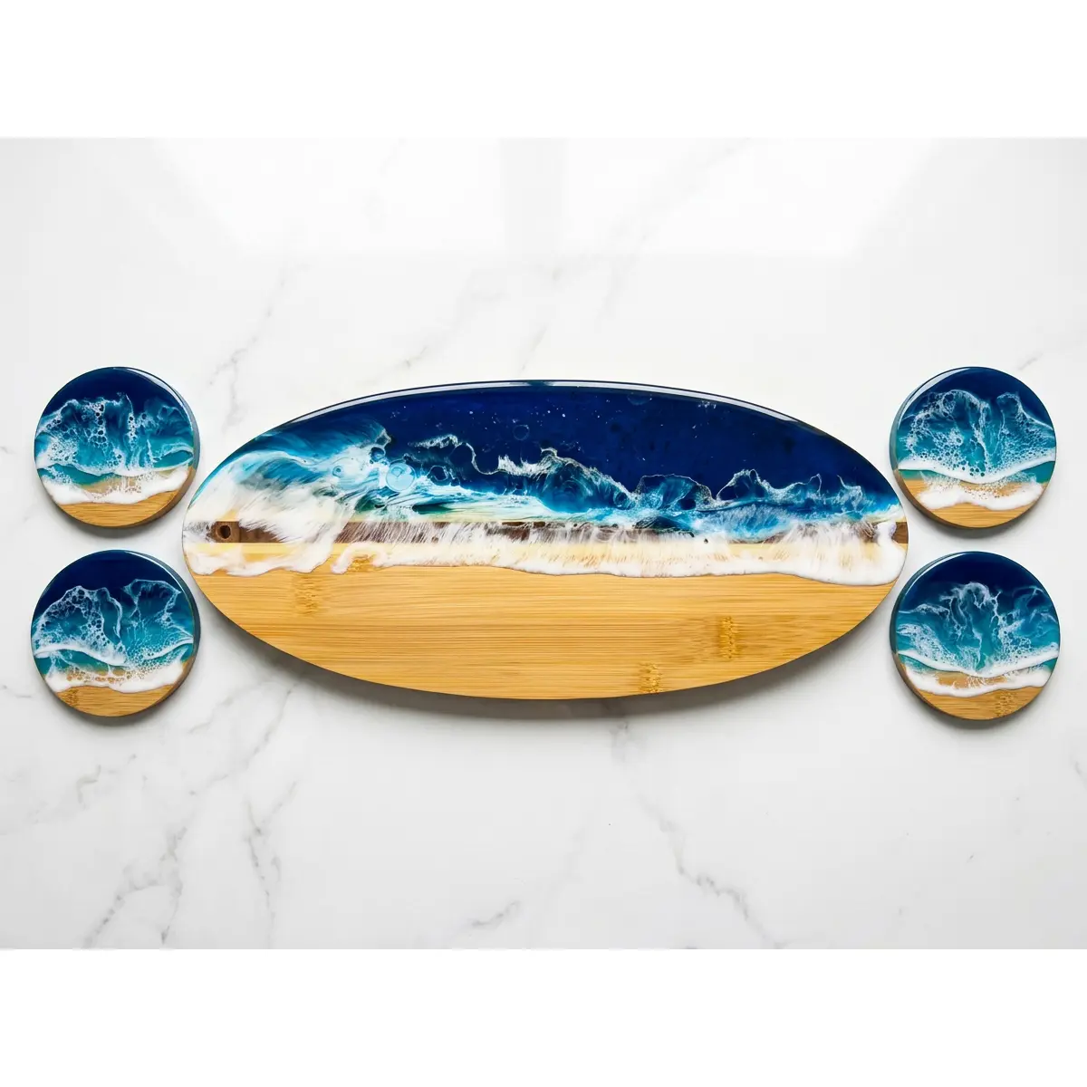 Coastal Wave Motif Bamboo & Resin Art Charcuterie Board with Tableware Coasters Set