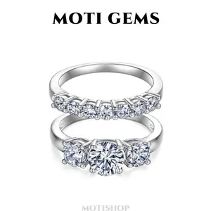 MOTI GEMS 2CT Trilogy Moissanite 3-Stone Ring Set Classic for Women Wedding Set D VVS1 3 Stones 7 Stones Stackable Band Lab-Created Hypoallergenic Engagement Promise Anniversary Gift Fine Jewelry