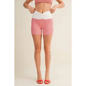 Red Gingham Ruched Waistband Biker Shorts
