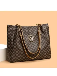 Women's PU Vintage M Print Travel Bag, PU Tote Satchel, Large Capacity Zip Shoulder Bag, Optional Crossbody and Handbag, Ideal for Daily Use or Casual