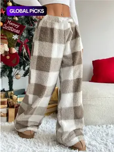 Winter New Vintage Plaid Elastic Straight Loose Thick Warm Casual Pants, Comfortable and Stylish for Cold Weather Wear