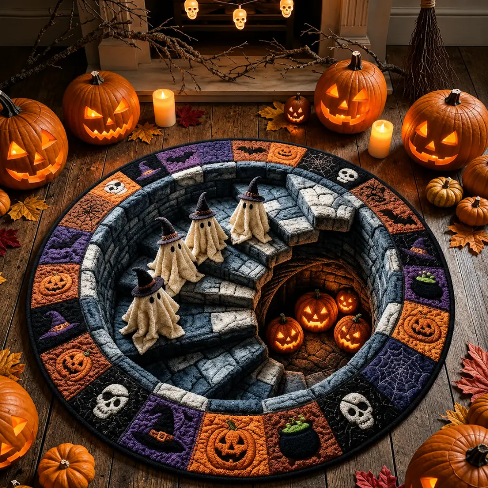 32-Inch 3D Halloween Illusion Round Area Rug - Spooky Ghost, Pumpkin Design Haunted Staircase Floor Mat for Bedroom, Halloween Party Decor