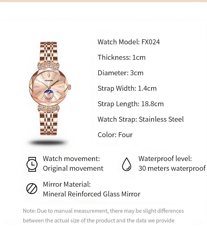 Ludmila Luxury Women's Jewelry Watch Diamond Cut Crystal Stainless Steel Waterproof Moon Star Sun Design Elegant Wristwatch Anniversary Gift for Her