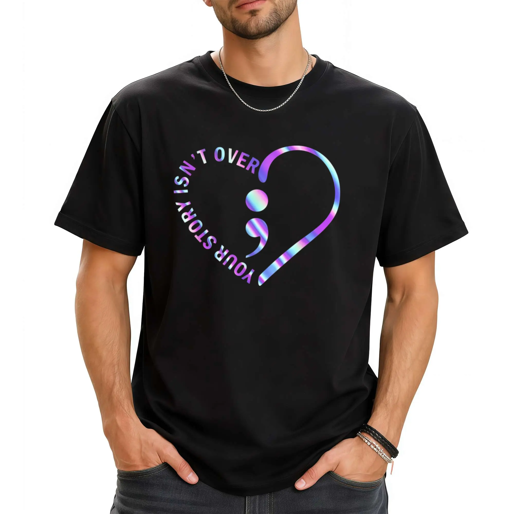Men’s Heavyweight 100% Cotton Graphic Crew Neck T-Shirt, Mental Health Awareness Tee Featuring "Your Story Isn't Over Yet" Slogan & Suicide Prevention Ribbon Heart Print, Unisex Soft Short Sleeve Casual Daily Streetwear Top