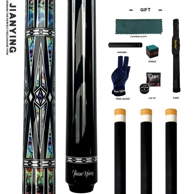 JIAN YING New Carbon Fiber 1/2 Billiard Cue 58 inch 11.5/12.5mm Tip Strong Stability High Performance Pool Cue with Case Tip Gloves Towel Chalk Extended Handle