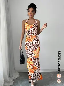 Women's Leopard Print Dress, Floral Print Sleeveless Halter Summer Elegant Party Dress, Deep V-Neck Backless Design Sexy And Slim Dress Suitable for Everyday Wear, Outings, And Outdoor Activities