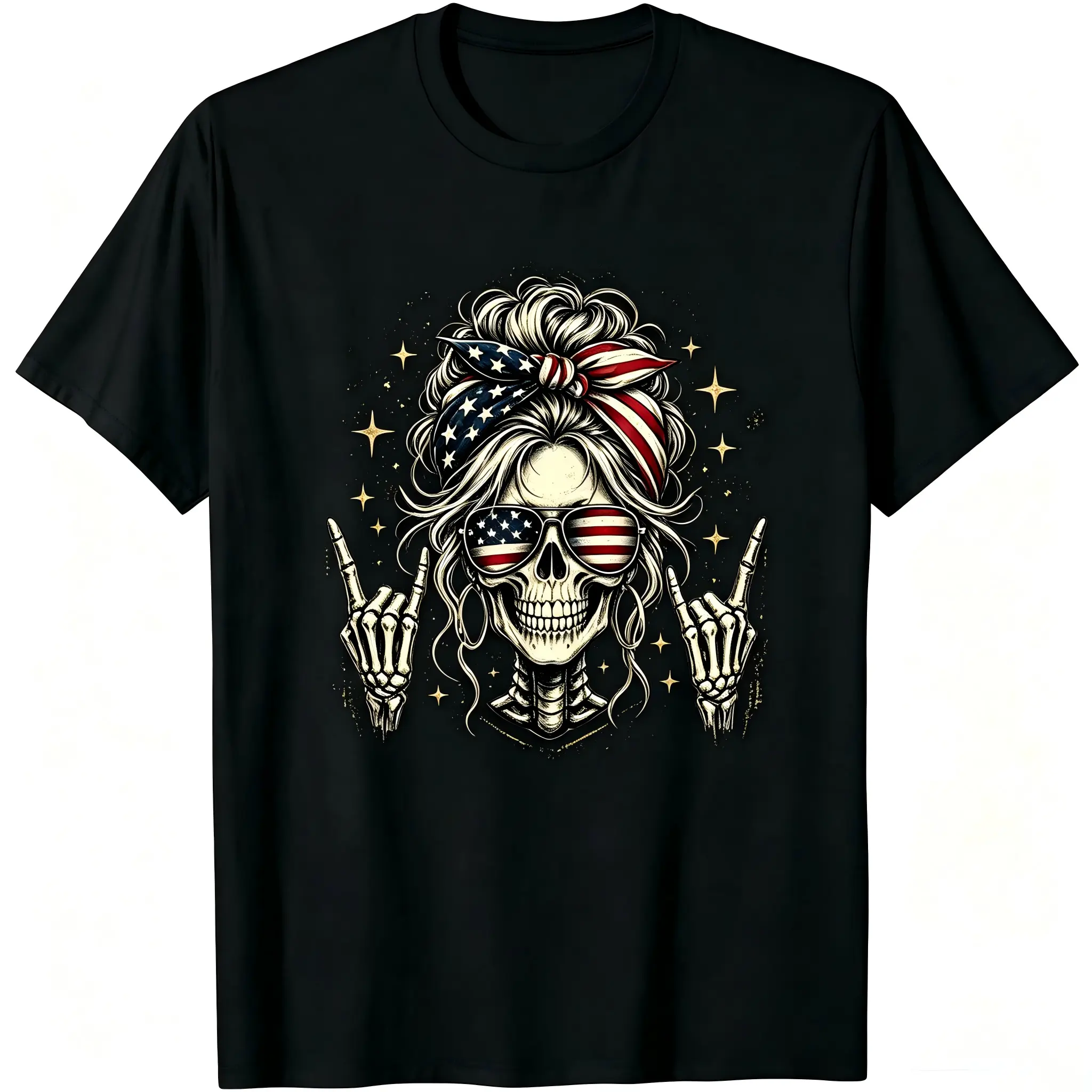 Women's Comfy Short-Sleeve Round Neck Printed Skull Graphic Top - 4th of July American Patriotic, Breathable Casual Sports Tee, Sleeves