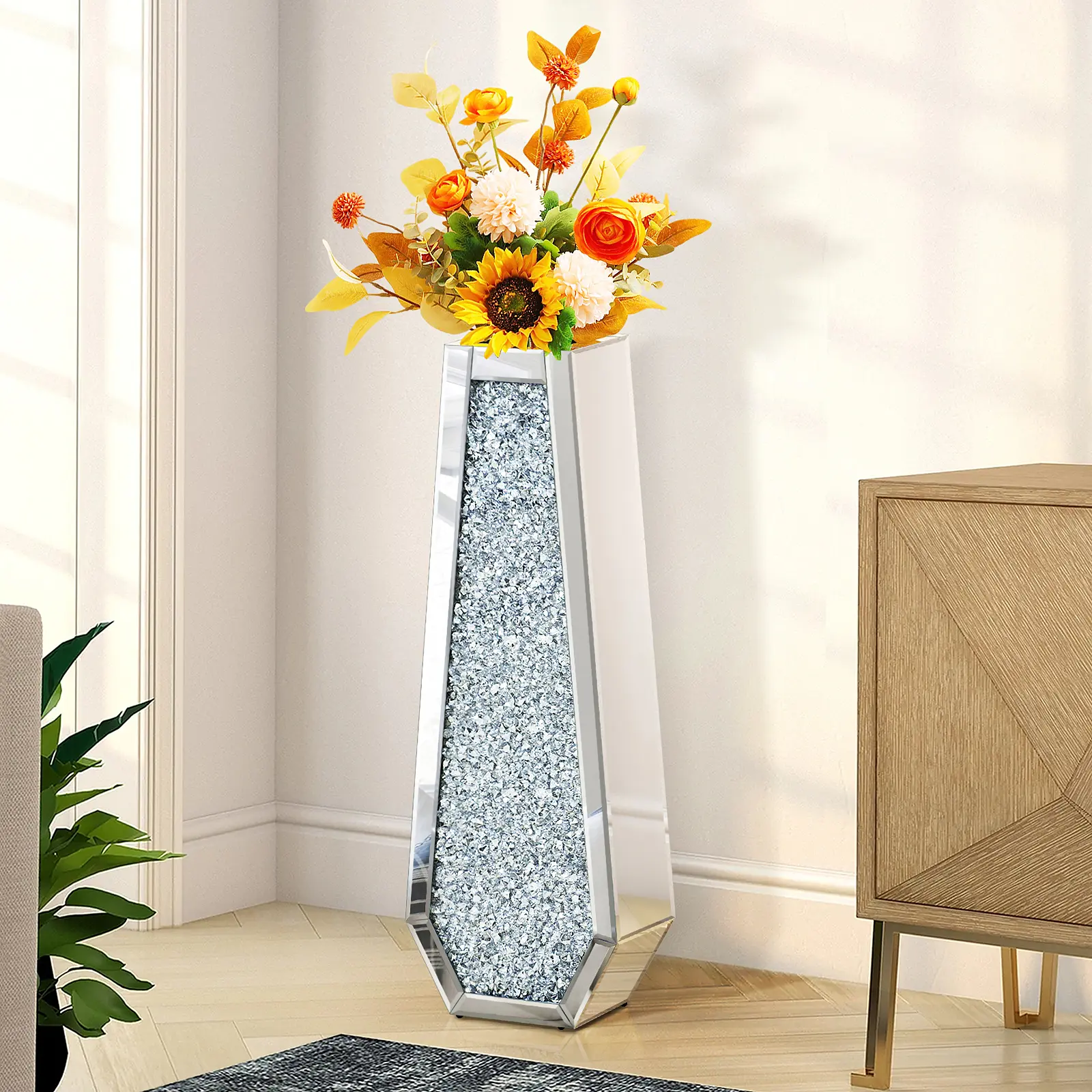 30” High Crushed Diamond Floor Vase, Large Silver Vase for Decorating Living Room, Crystal Mirror Home Decor Dried Flower Vase