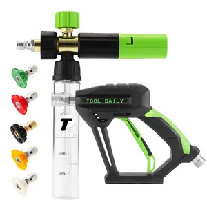 【fathersdaygift】Tool Daily Short Pressure Washer Gun, Car Wash Accessory with 1/4” Quick Connect, Mini Foam Cannon (Foam Lance) and 5 Power Washer Spray Nozzles