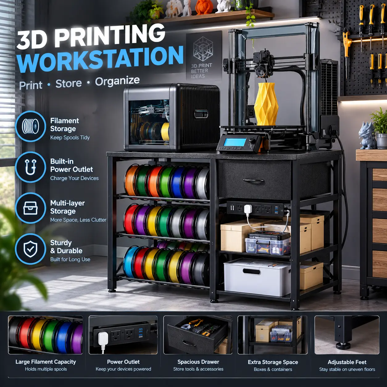 3D Printer Stand with Filament Storage, 3D Printing Workstation with Power Outlet, 3-Tier Spool Holder Rack, Tool Drawer, Multi-Tier Storage Table for Home Office, Workshop, Studio & Maker Space