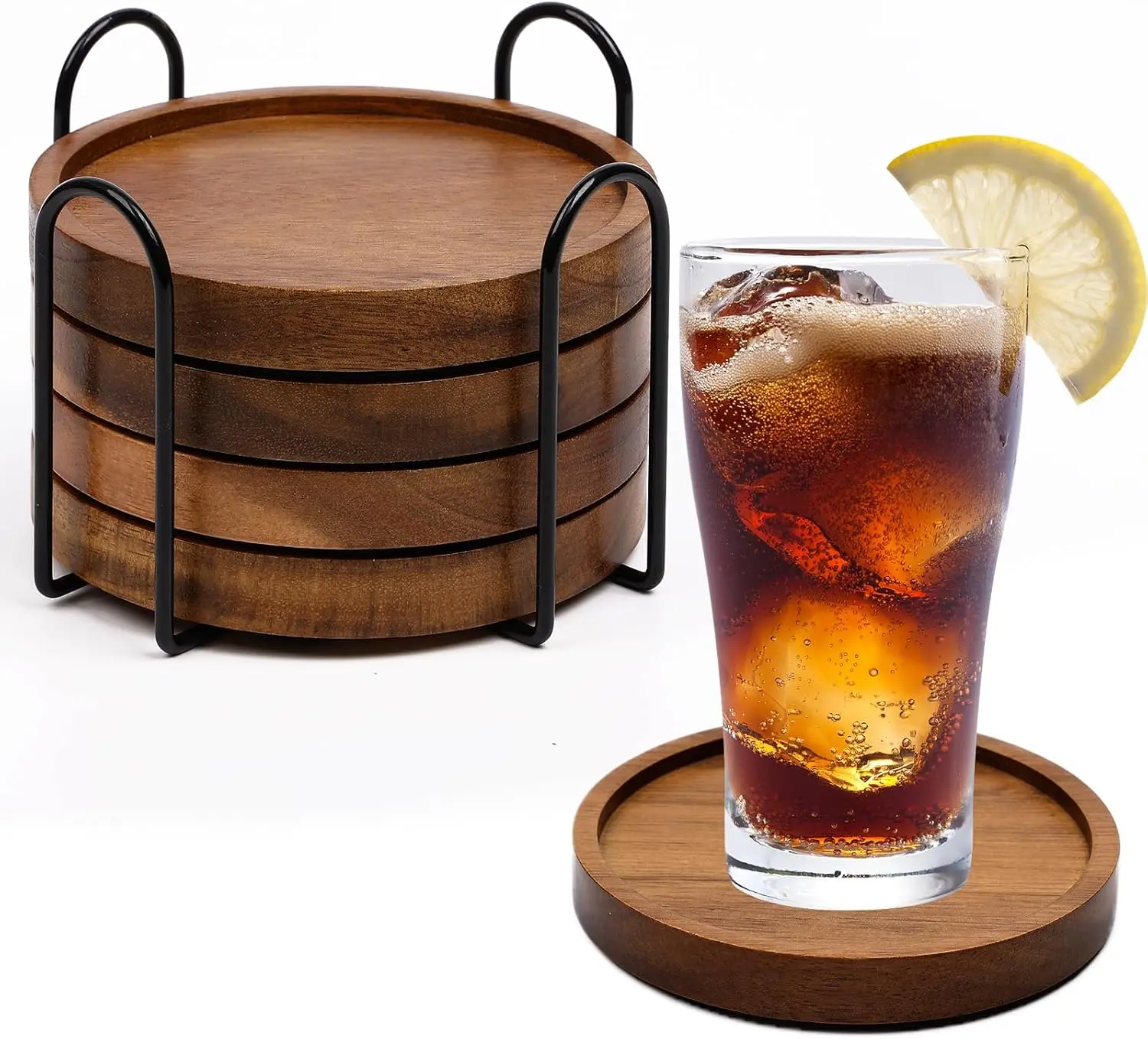 4 Pcs Plain Pure Wood Round Absorbent Coasters with Holder - Kitchenware Tabletop Protection Drink Coasters for Farmhouse, Office, Tabletops