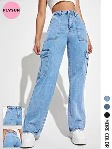Flvsun-Women's High Waisted Cargo Baggy Jeans Flap Pocket Side Denim Pants Straight Leg Streetwear Trousers with Big Pockets